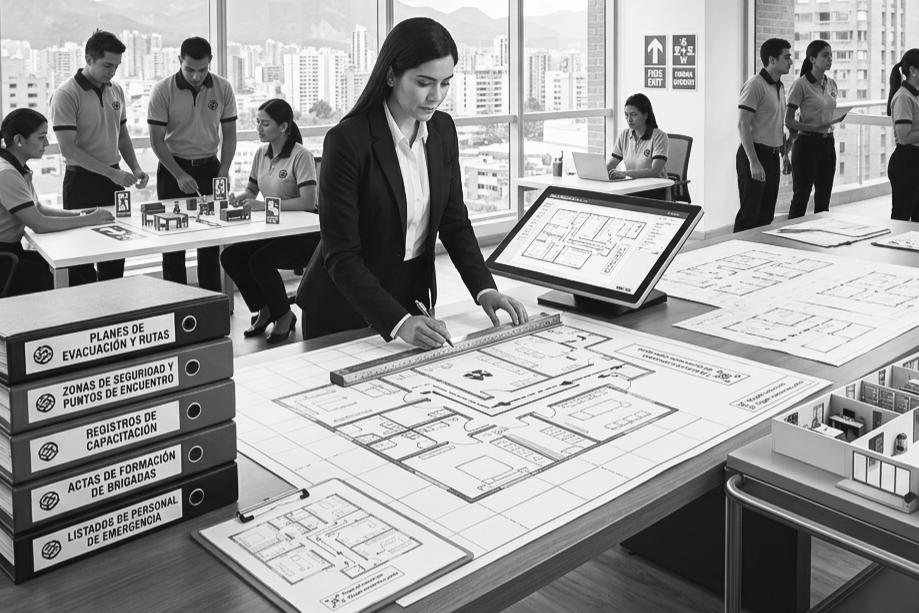 Equipo GESSEG diseñando planos de evacuación con brigadas de emergencia